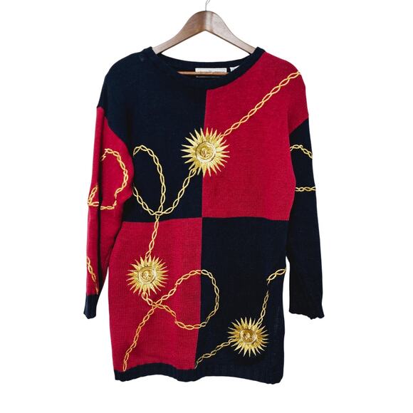 Vintage Maggie Lawrence Sweater Size 14/16 Colorblock Gold Sunburst Design Retro - Picture 1 of 6